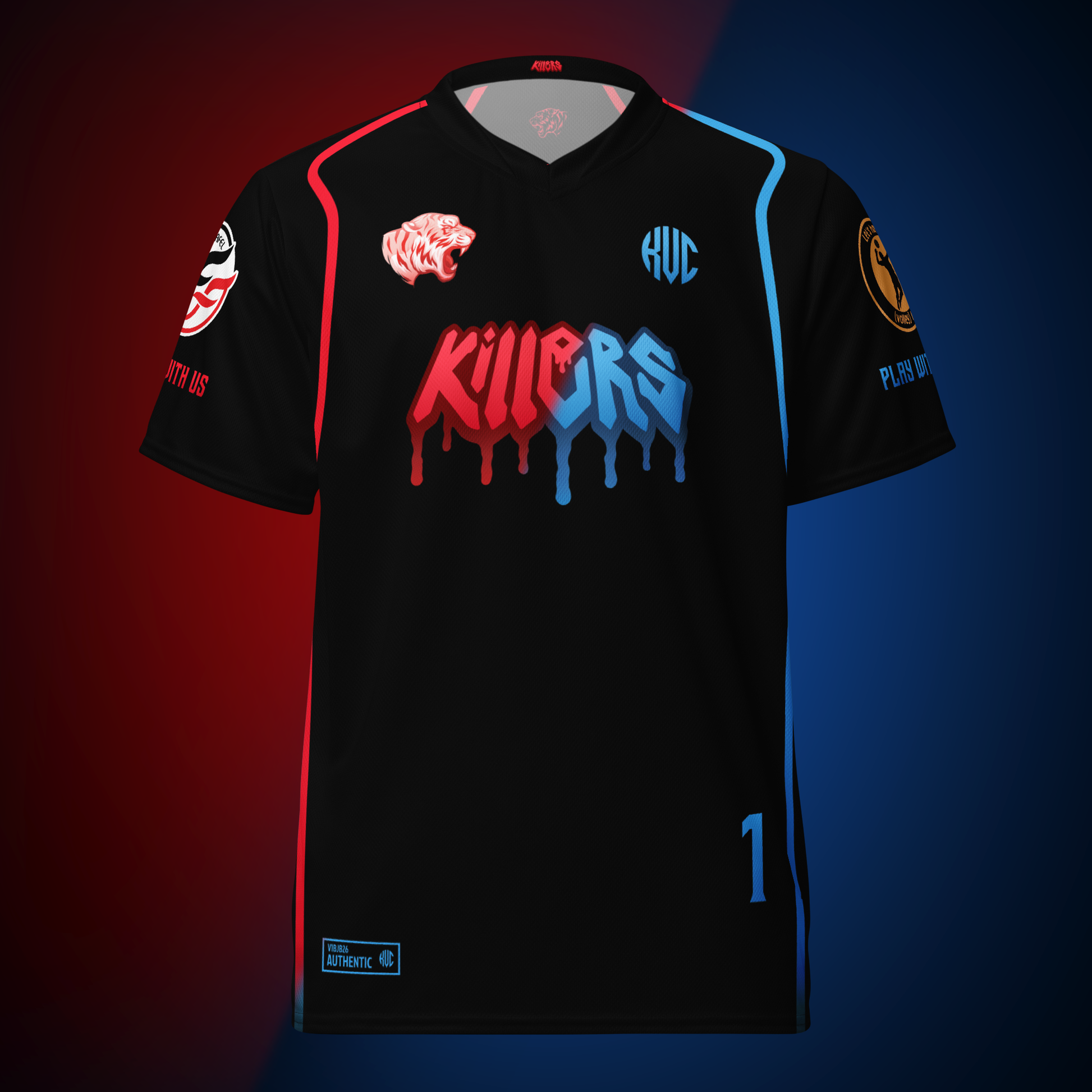 Black sports jersey with colorful text and graphics on a gradient red to blue background